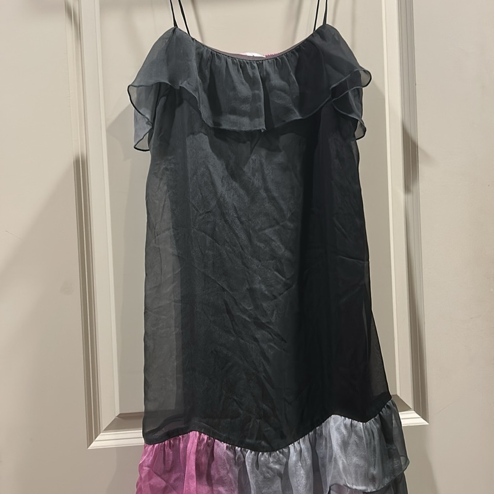 Glam 100% silk ombre color block ruffle spaghetti strap slip mini dress lines M
